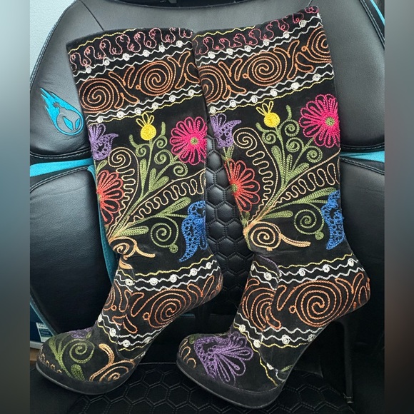 zeyzani Shoes - Embroidered Floral Black Multicolor Heeled Red Bottom Boots from Zeyzani